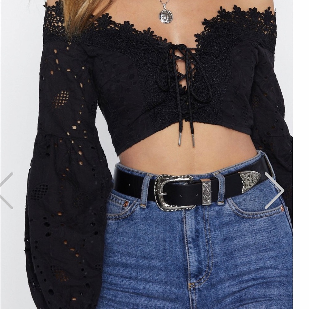 Off The Shoulder Crochet Lace Up Crop